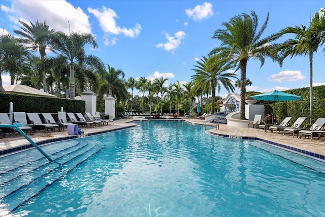 view of swimming pool featuring a patio