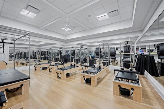 exercise room featuring ceiling fan and light wood-type flooring