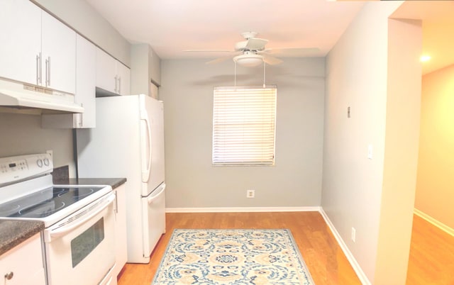 kitchen featuring ceiling fan, white electric range, light hardwood / wood-style flooring, and white cabinets