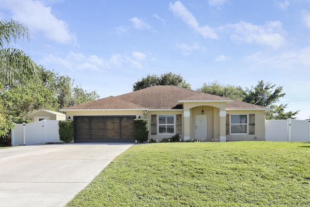 ranch-style house featuring a front yard and a garage