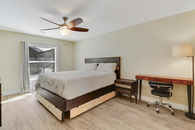 bedroom with ceiling fan and light wood-type flooring