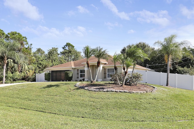 ranch-style house featuring a garage and a front yard