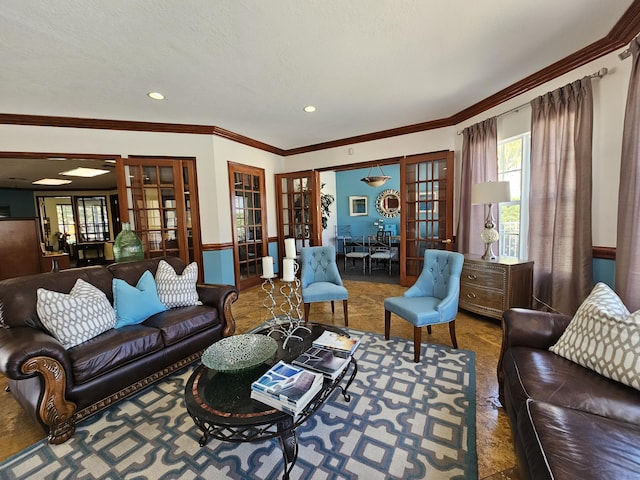 living room featuring french doors and crown molding