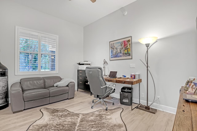 office area featuring ceiling fan and light hardwood / wood-style flooring