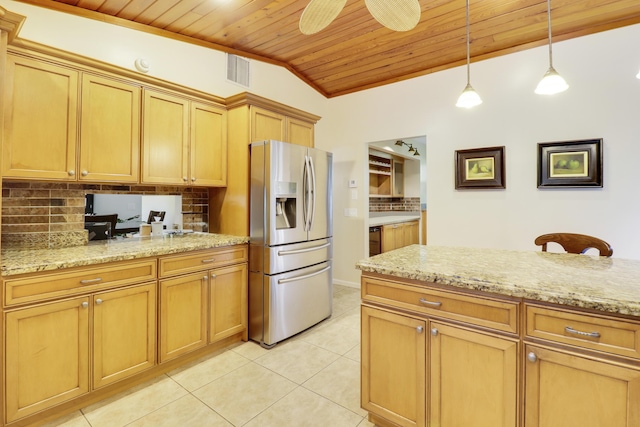 kitchen featuring pendant lighting, decorative backsplash, stainless steel fridge with ice dispenser, ceiling fan, and wooden ceiling