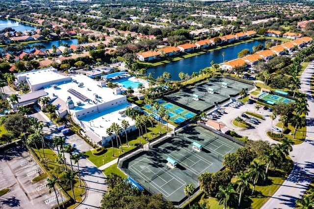 bird's eye view with a water view