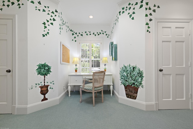 office with crown molding and carpet