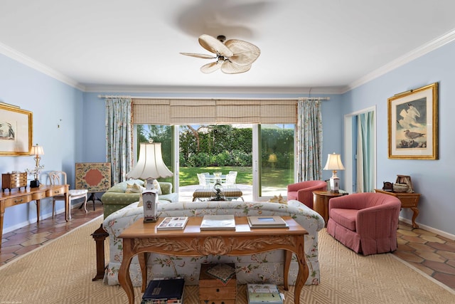 tiled living room featuring ceiling fan and ornamental molding