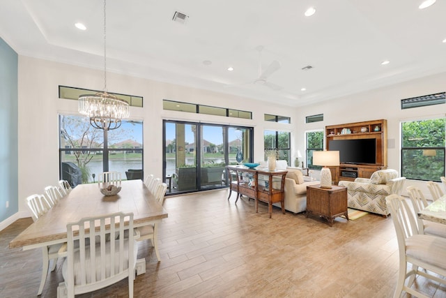 interior space with plenty of natural light, a tray ceiling, and light wood-type flooring