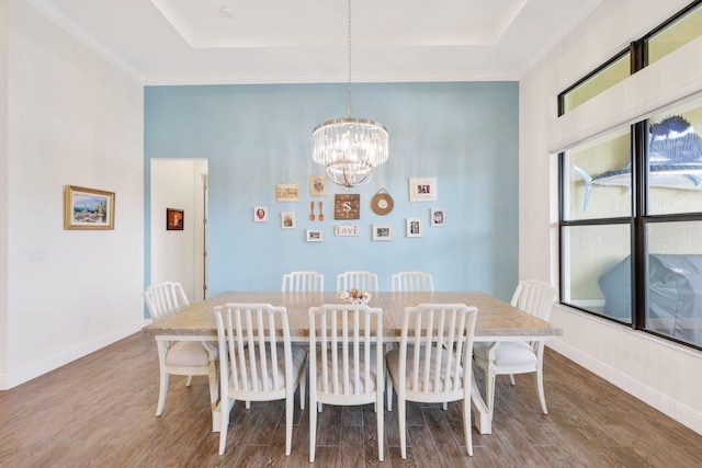 dining area featuring a healthy amount of sunlight, a tray ceiling, and hardwood / wood-style floors