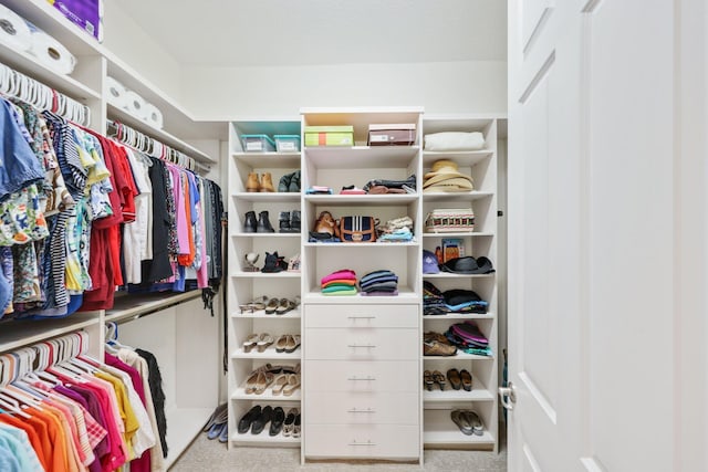 walk in closet featuring light carpet