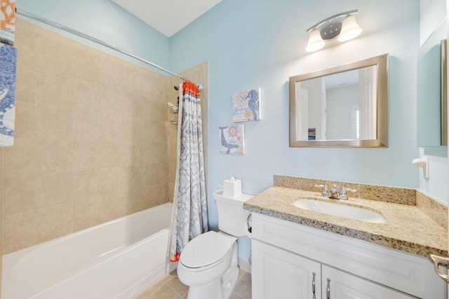 full bathroom featuring vanity, shower / tub combo, tile patterned flooring, and toilet