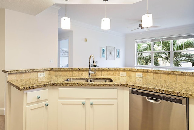 kitchen with ornamental molding, stainless steel dishwasher, white cabinets, and sink