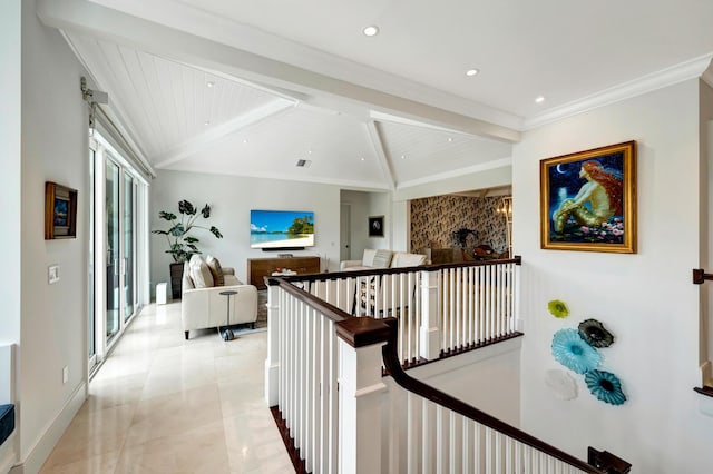 hallway featuring wood ceiling and vaulted ceiling with beams