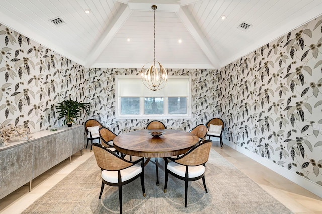 dining space featuring beamed ceiling, light tile patterned flooring, and a notable chandelier