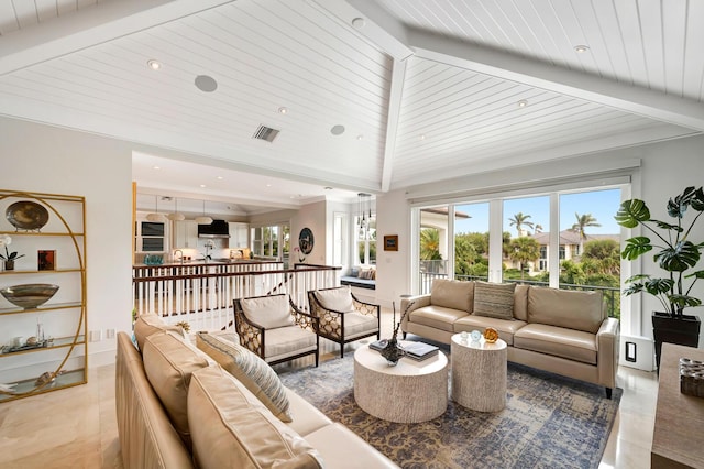 tiled living room with french doors, wood ceiling, and vaulted ceiling with beams