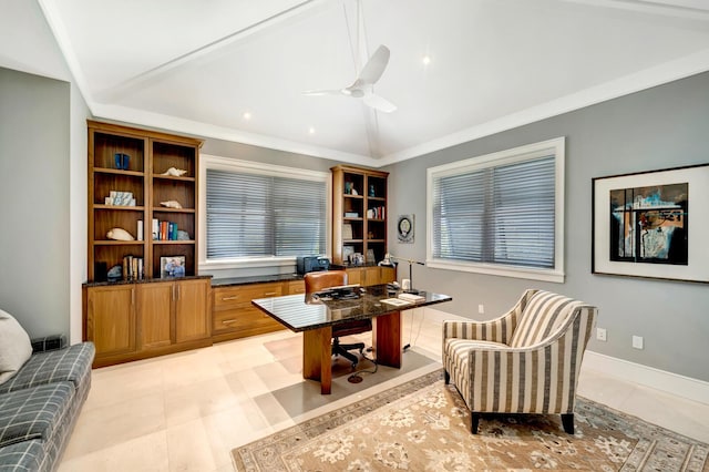 tiled office space with ceiling fan, vaulted ceiling, and ornamental molding