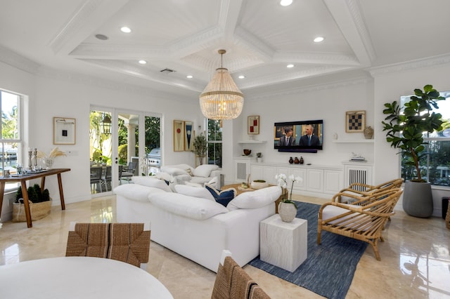 living room with an inviting chandelier, ornamental molding, coffered ceiling, and beam ceiling