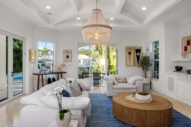 living room featuring a high ceiling, coffered ceiling, a notable chandelier, crown molding, and beam ceiling