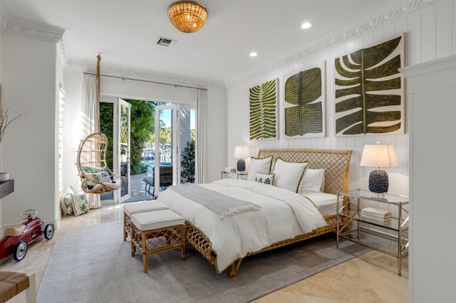 tiled bedroom featuring crown molding and access to exterior