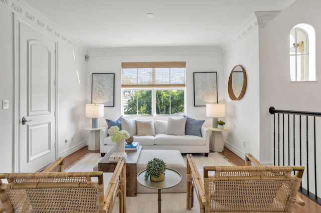 living room with ornamental molding and light hardwood / wood-style floors