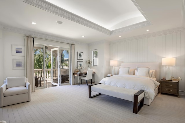 carpeted bedroom featuring crown molding, access to exterior, and multiple windows