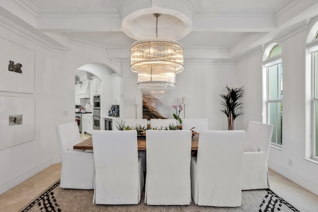 tiled dining area with an inviting chandelier, ornamental molding, and coffered ceiling