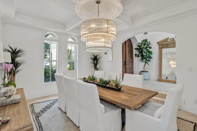 dining room featuring beamed ceiling, crown molding, coffered ceiling, and a notable chandelier