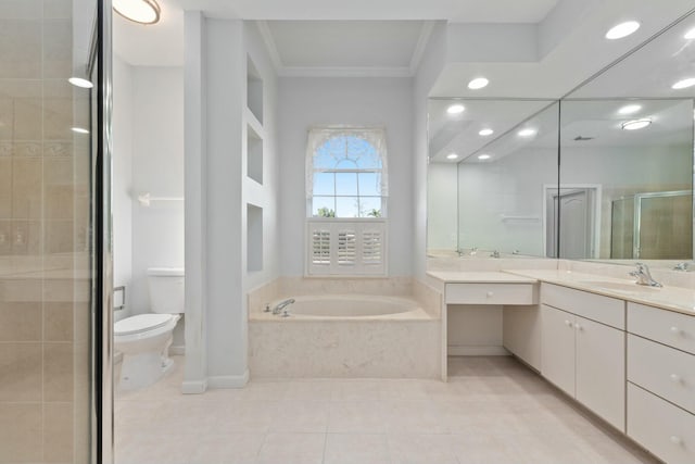 full bathroom with tile patterned flooring, vanity, toilet, crown molding, and plus walk in shower