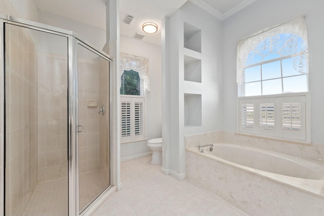 bathroom with toilet, crown molding, independent shower and bath, and tile patterned flooring