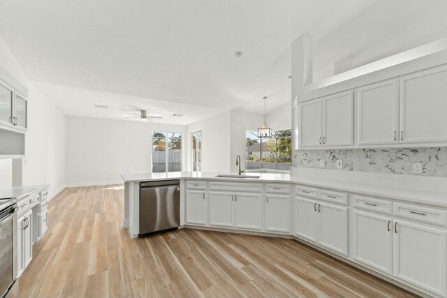 kitchen featuring sink, kitchen peninsula, white cabinets, and stainless steel appliances