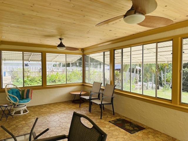 sunroom / solarium with ceiling fan and wooden ceiling