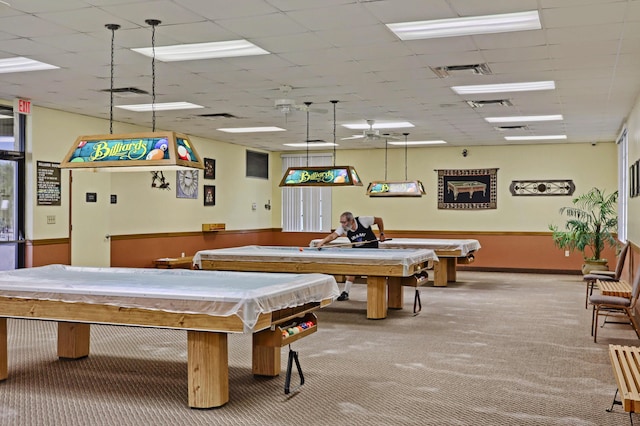 recreation room featuring carpet floors, a paneled ceiling, and pool table