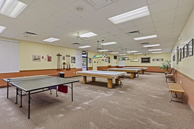 game room featuring ceiling fan, pool table, a paneled ceiling, and carpet flooring