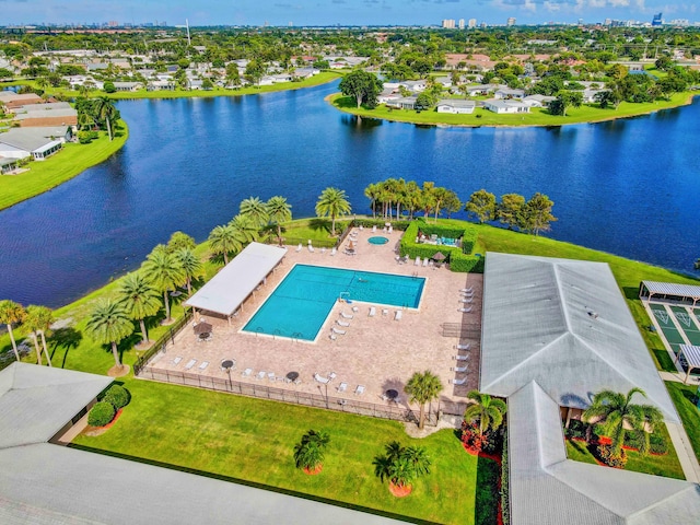 birds eye view of property featuring a water view