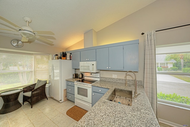 kitchen with sink, lofted ceiling, blue cabinets, and white appliances