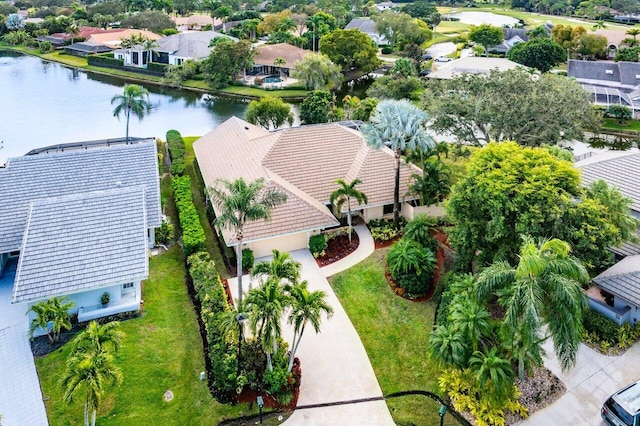 aerial view featuring a water view