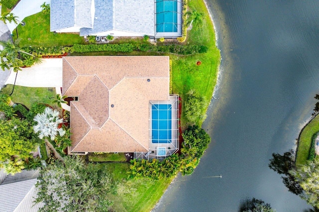 aerial view featuring a water view