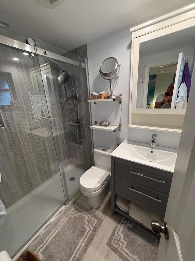 bathroom featuring vanity, toilet, and walk in shower