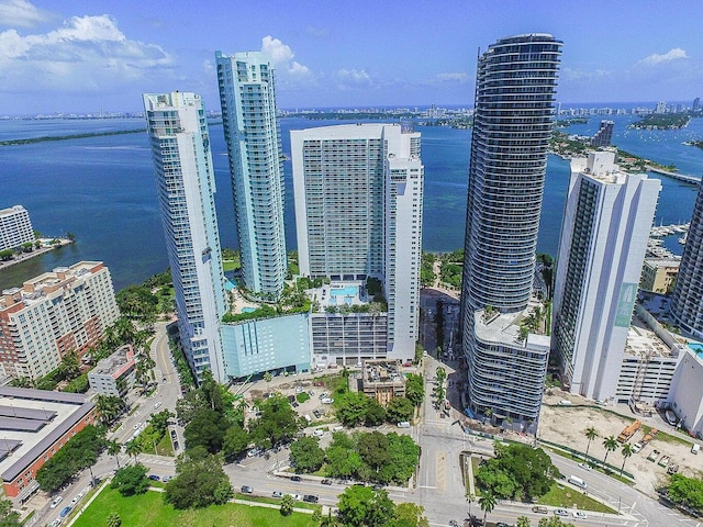 drone / aerial view with a water view