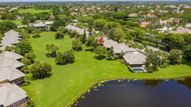 drone / aerial view with a water view