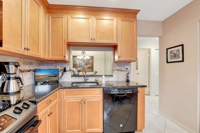 kitchen featuring dark stone counters, stainless steel electric range oven, black dishwasher, light tile patterned flooring, and a sink