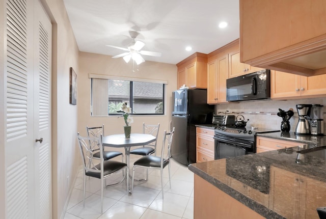 15144 Ashland St Unit 295, Delray Beach, FL 33484 - kitchen featuring dark stone countertops, a ceiling fan, light brown cabinets, decorative backsplash, and black appliances