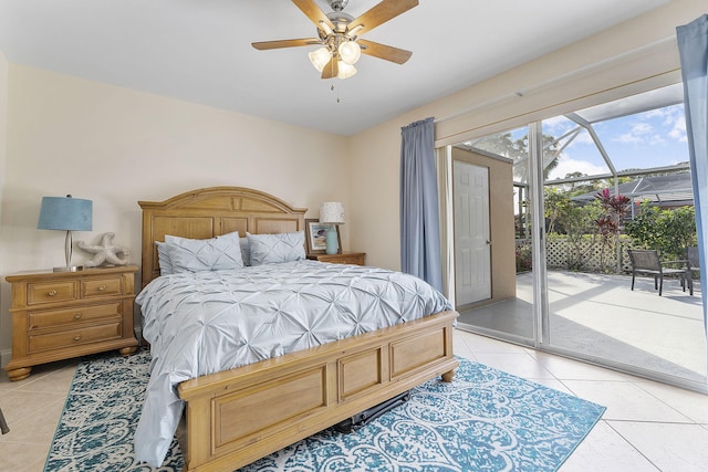 tiled bedroom featuring access to outside and ceiling fan