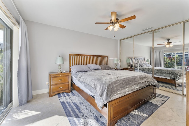 tiled bedroom featuring ceiling fan and a closet