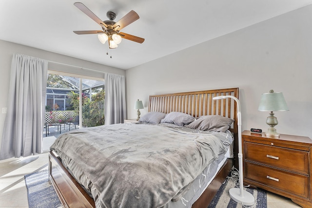 bedroom with ceiling fan and access to exterior