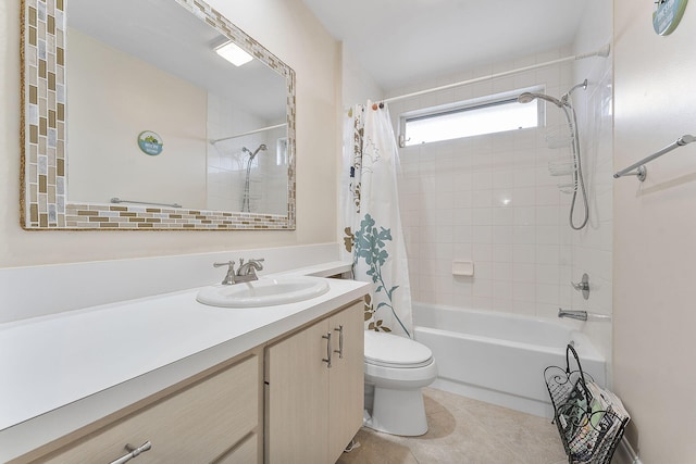 full bathroom with toilet, shower / tub combo, tile patterned floors, and vanity