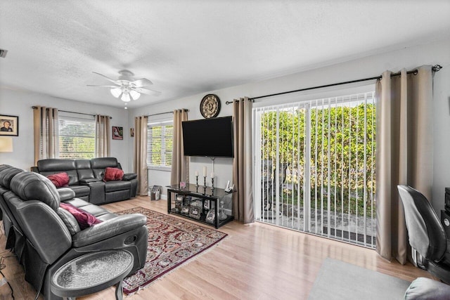 living room featuring a textured ceiling, ceiling fan, light hardwood / wood-style floors, and a wealth of natural light