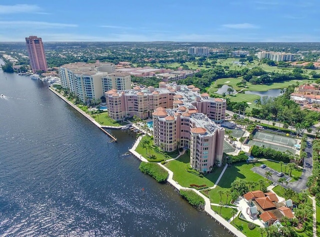 bird's eye view with a water view