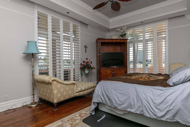 bedroom featuring access to exterior, ceiling fan, hardwood / wood-style flooring, and crown molding